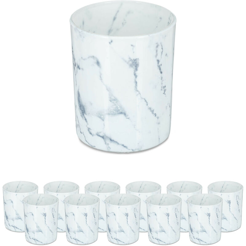 Relaxdays Teelichtgläser, schlichte H cm, Deko, 8,5 7 12er x aus D: Teelichthalter Glas, weiß/grau Set, x Marmor-Optik