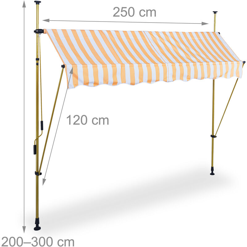Relaxdays Klemmmarkise, 250 cm breit, höhenverstellbar, ohne Bohren,  UV-beständig, Sonnenschutz für Balkon, weiß-orange