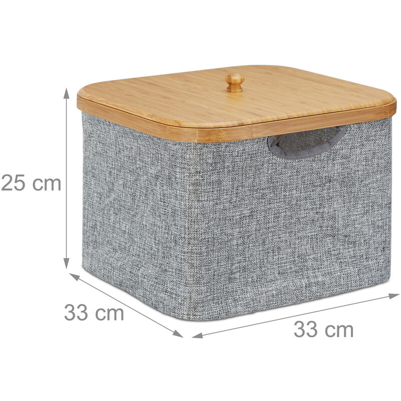 3 x Aufbewahrungskorb Stoff, Bambus, Aufbewahrungsbox mit Deckel,  Regalkorb, H x B x T: 25 x 33 x 33 cm, Stoffbox, grau