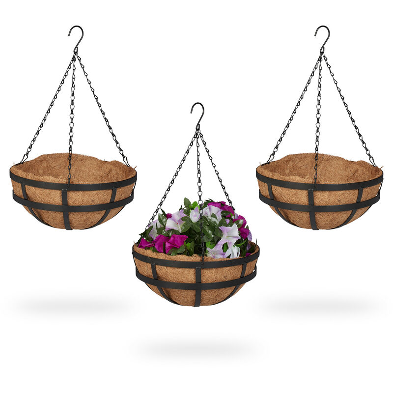 braun/schwarz & Blumenampel Hängepflanzen, 50x31 Kokoseinlage, 3er außen, Set, Metallgestell, innen HxD: cm, Relaxdays