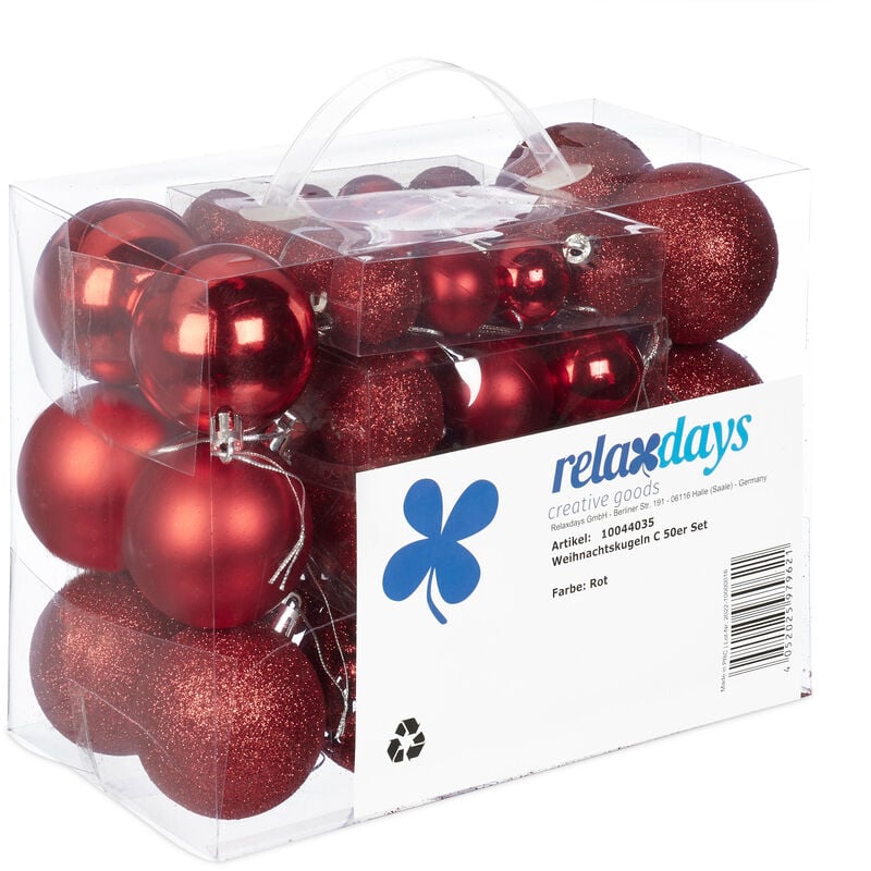 Relaxdays Weihnachtskugeln im 50er Set, glitzernde, matte & glänzende  Christbaumkugeln, Kunststoff, ∅ 3, 4 & 6 cm, rot
