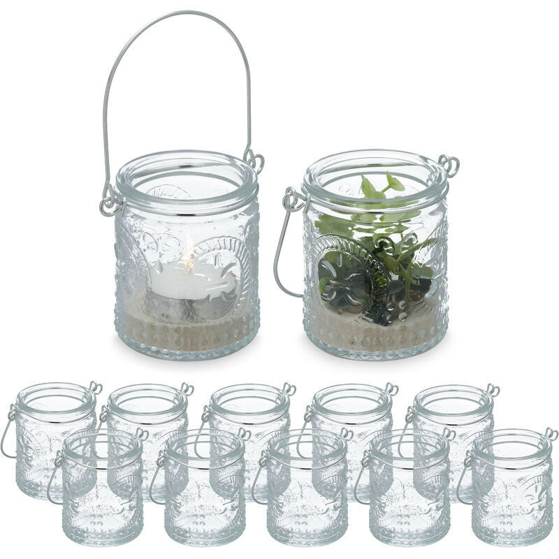 Relaxdays Windlicht, 12er Set, Glas mit Henkel, 7 x 6 cm, innen & außen,  Hochzeit Teelichthalter, transparent/ silber