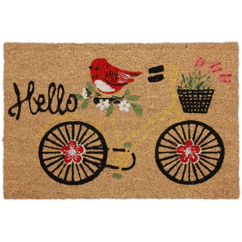 Relaxdays Fußmatte Kokos, Schriftzug & Fahrrad-Motiv, Türvorleger innen &  außen, Kokosmatte 40 x 60 cm, Türmatte, bunt