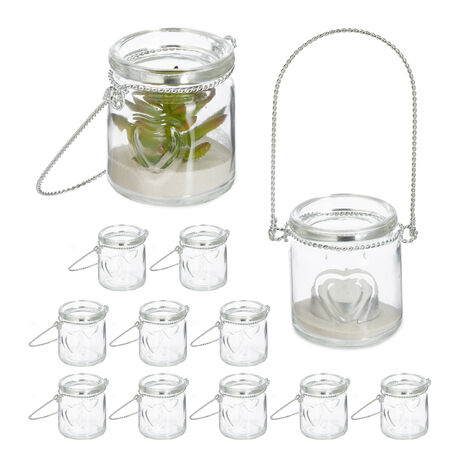 Relaxdays windlicht set van 12, van glas, theelichthouder voor binnen en buiten, met hengsel, Hx: 10 x 8,5 cm, goud