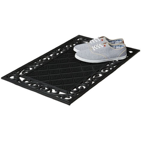 Relaxdays Fußabtreter Gummi mit Blumenmuster, Anti-Rutsch Fußmatte, Türvorleger witterungsbeständig, 75 x 45 cm, schwarz