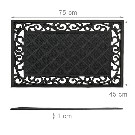 Relaxdays Fußabtreter Gummi mit Blumenmuster, Anti-Rutsch Fußmatte, Türvorleger witterungsbeständig, 75 x 45 cm, schwarz