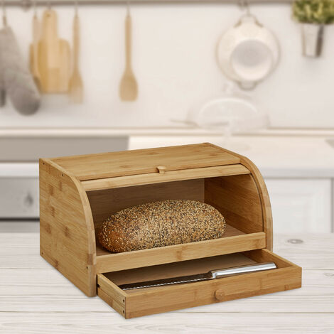 Relaxdays Brotkasten Bambus, Rolldeckel Mit Motiv, Aromadichte Brotaufbewahrung, Mit