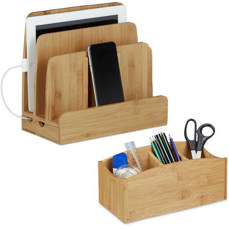 2 teiliges Büro Set, Schreibtischorganizer mit 4 Fächern, universal  Ladestation für mehrere Geräte, Bambus, natur