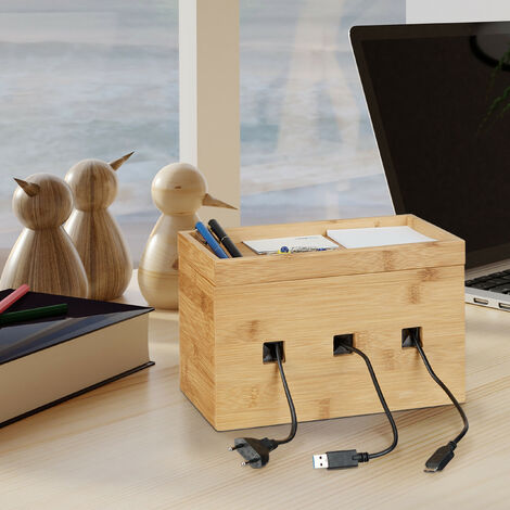 Relaxdays Kabelbox Bambus, Multi Ladestation Holz, Kabelmanagement Schreibtisch, H x B x T: 16,5 x 25,5 x 14 cm, natur