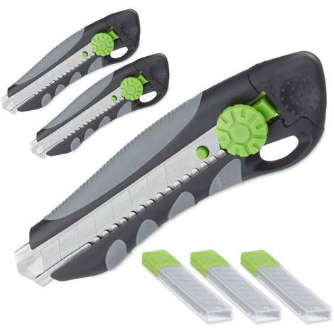 3 x PROFI Cuttermesser mit Ersatzklingen, Cutter, Abbrechklingen 18 mm,  Gummigriff, Universalmesser, schwarz/grün