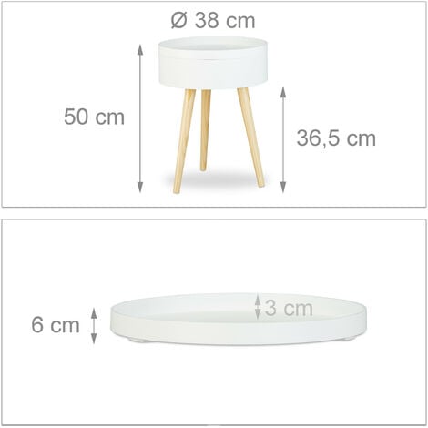 Relaxdays Beistelltisch rund skandinavisches Design, 70er, Nachttisch mit Tablett, Staufach, HxBxT: 50x38x38 cm, weiß