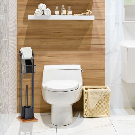 Relaxdays WC-Garnitur mit Ablage, Papierhalter, WC-Bürste, Bürstenhalter,  quadratischer Fuß, Holzoptik, H 78 cm, schwarz