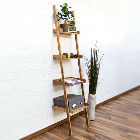 Relaxdays Leiterregal Bambus, HxBxT:176x44x37cm, 4-stufig, Standregal mit Ablagen, Holzregal, natur