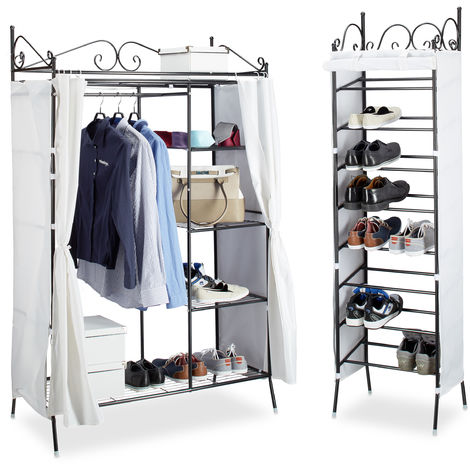 2 tlg. Garderoben Set COUNTRY, Kleiderschrank mit Stoffvorhang, Schuhregal, Stoffschrank, Schuhschrank, schwarz-weiß