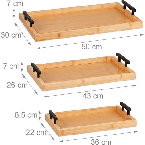 Relaxdays Mangoholz Tablett-Set (3 Stück) – Verschiedene Größen, Mit Griffen, Für Servieren & Deko