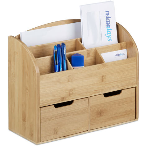 Relaxdays Schreibtisch-Organizer, 2 Schubladen, 5 Bambus, Fächer, Brief- HBT x 25 Dokumentenablage, natur & cm, 29 37 x