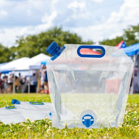 Relaxdays Wasserkanister 4er Set, 5 l, faltbar, Wasserbehälter mit Zapfhahn  & Griff, Camping Kanister, transparent/blau