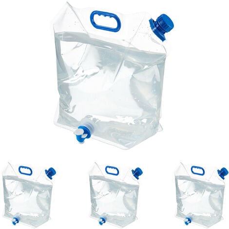 Relaxdays Wasserkanister 4er Set, 10 l, faltbar, Wasserbehälter mit  Zapfhahn & Griff, Camping Kanister, transparent/blau