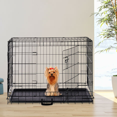 Relaxdays Hundekäfig, faltbare Hundetransportbox Auto, Welpenkäfig, 2 Türen, Bodenschale, Drahtkäfig Metall, M, Schwarz
