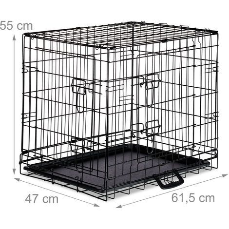 Relaxdays Hundekäfig, faltbare Hundetransportbox Auto, Welpenkäfig, 2 Türen, Bodenschale, Drahtkäfig Metall, M, Schwarz