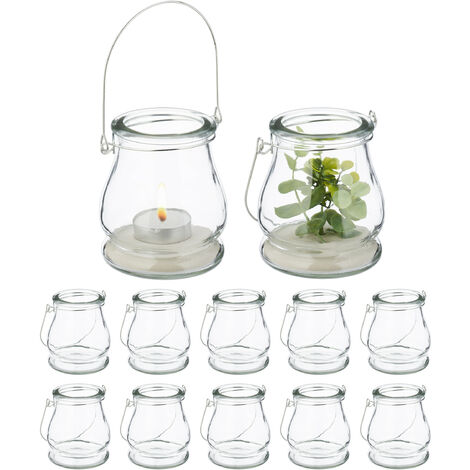 Relaxdays Windlicht, 12er Set, Glas, mit Henkel, innen & außen,  Teelichthalter, H x D: 10 x 8,5 cm, transparent/silber