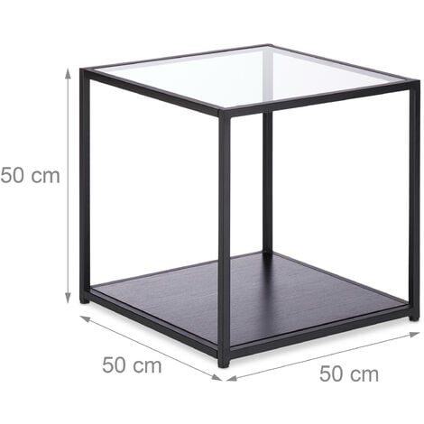 Relaxdays Beistelltisch Glas+Holzablage, Metallgestell, robust, quadratisch, flacher Couchtisch HBT 50x50x50 cm, schwarz