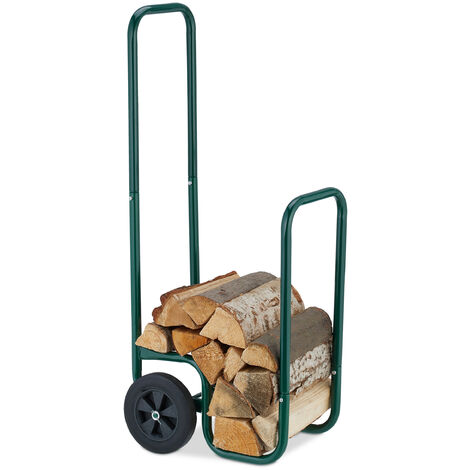 Relaxdays Kaminholzwagen, 2 Gummireifen, Holzwagen bis 60 kg, für gängige Holzscheite, Brennholz-Sackkarre, Stahl, grün