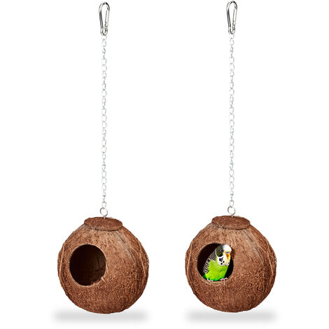 Relaxdays Vogelhaus 2er Set, aus Kokosschale, HxBxT 14 x 12,5 x 12 cm, Vogelnest, Wellensittiche & Kanarienvögel, natur (1/5)
