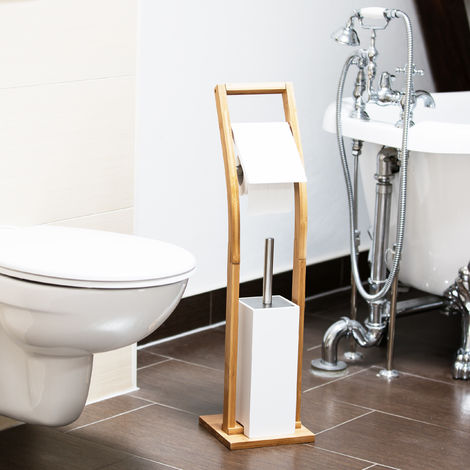 Relaxdays Stand WC Garnitur Holz HBT 75 x 19 x 19 cm Toilettenbürstenhalter  aus Bambus mit | Toilettenbürstenhalter