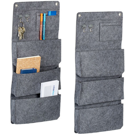 Relaxdays Hängeorganizer, 2er Set, 4 Fächer, 2 Haken, HxB: 65 x 30 cm, Bad, Flur, Büro, Organizer zum Hängen, Filz, grau
