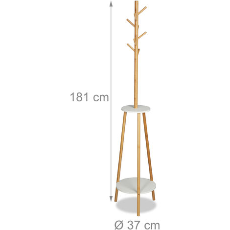 Relaxdays Garderobenständer, 8 Haken, 2 Ablagen, Jackenständer aus Bambus & MDF Holz, Garderobe HxD 181x37cm, natur/weiß