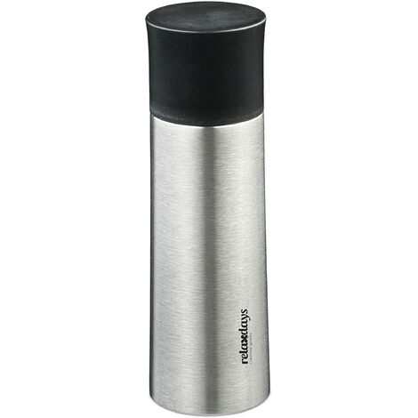 Relaxdays Trinkflasche Edelstahl, 400 ml, auslaufsicher, Kalt- & Heißgetränke, Vakuum Isolierflasche mit Becher, silber (1/5)