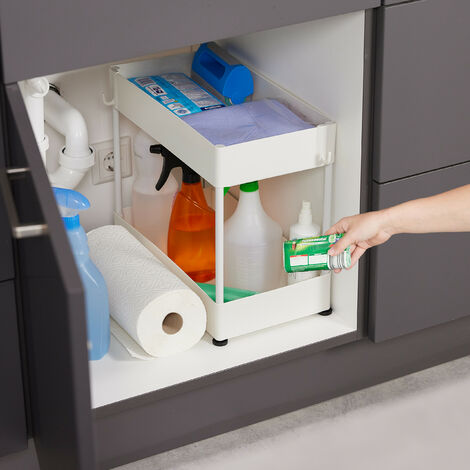 Relaxdays Unter Waschbecken Regal, 2 Etagen, 6 Haken & 2 Becher,  hhenverstellbar, Putzmittel Organizer fr Kche, wei
