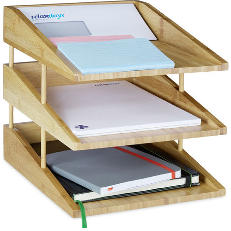 Relaxdays Dokumentenablage Bambus, 3 Ablagefächer, stapelbar, DIN A4 Ablage  für Büro & Schreibtisch, Briefablage, natur