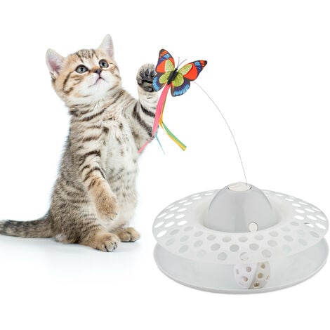Relaxdays Katzenspielzeug Schmetterling und Ball, HxD: 33,5x22 cm,  interaktives Katzenkarussel, Katzenrondell 360°, weiß