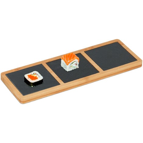 Relaxdays Servierbrett mit Schieferplatten, HBT: 1,5x34x12 cm, Sushi, Käse,  Wurst, Servierplatte Bambus, natur/anthrazit