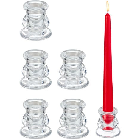 Relaxdays Stabkerzenhalter Glas, 5, 5,5 x H Set, für x 6er Kerzenständer Stabkerzen, D: geschwungene