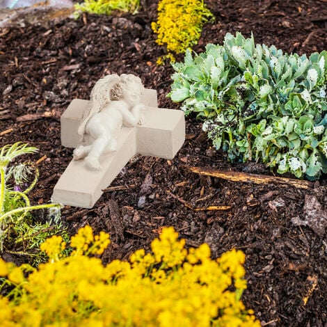 Relaxdays Grabengel Auf Kreuz - Wetterfester Grabschmuck Aus Polyresin Creme