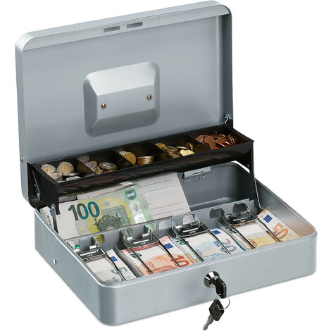 Geldkassette abschließbar, Münzeinsatz, 4 Scheinfächer, Geldkasse Eisen,  Kasse HBT 8,5 x 30,5 x 24,5 cm, grau