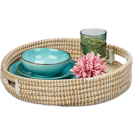 Relaxdays Serviertablett Set Aus Seegras – 3 Stück Rund, Mit Griffen & Hohem Rand