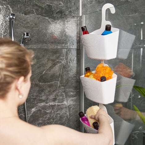 Relaxdays Duschkorb zum Hängen, 3er Set, ohne Bohren, Kunststoff, Duschablage Shampoo & Duschgel, Duschorganizer, weiß