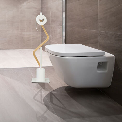 Relaxdays WC Garnitur Stehend – Toilettenpapierhalter & Bürstenhalter In Einem, Weiß/Natur, 76x20x20 Cm, Mit Wechselbarem Bürstenkopf