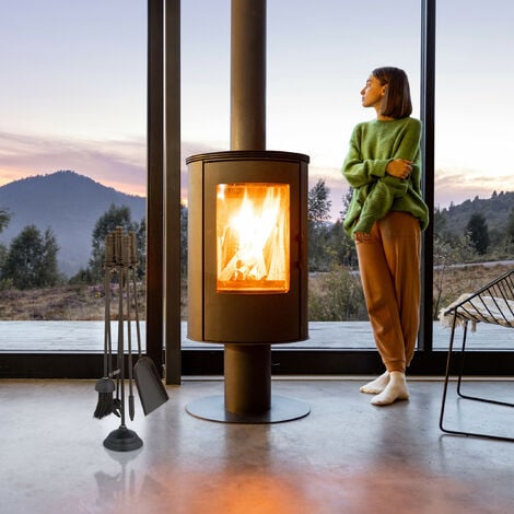 Relaxdays Kaminbesteck 5-teilig - Grau/schwarz, Schürhaken, Zange, Besen