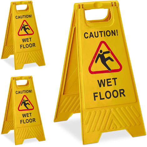 3 x Achtung Rutschgefahr Aufsteller, Englisch, Warnschild Caution Wet  Floor, 2-seitig beschriftet, klappbar, gelb