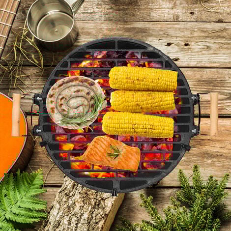 Relaxdays Grillfass Gusseisen, höhenverstellbarer Grillrost, Belüftung, Fassgrill für Holzkohle, HBT 40x45x36cm, schwarz