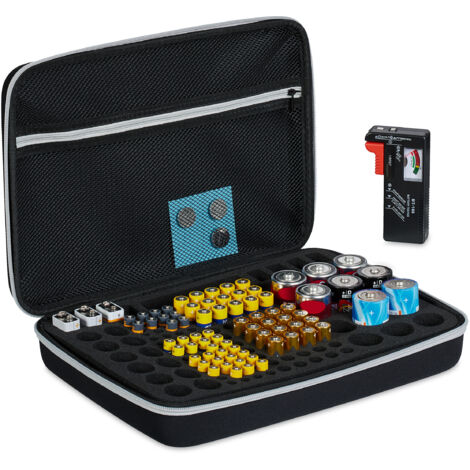 Relaxdays Batteriekoffer mit Tester, für AA, AAA, C, D & 9V-Blockbatterie, Aufbewahrungsbox 134 Batterien, schwarz (1/5)