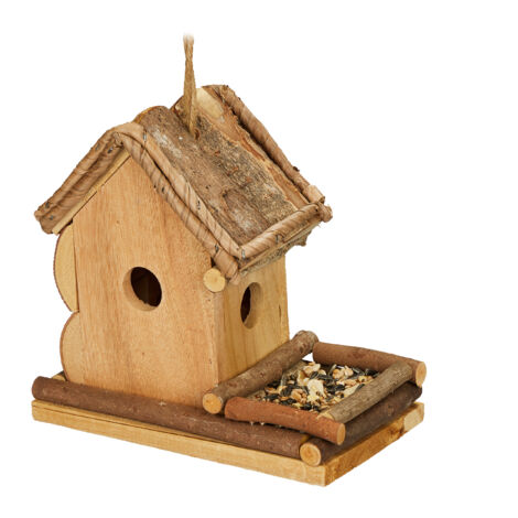 Relaxdays Deko Vogelhaus mit Futterstelle, Holz, Vogelhäuschen zum