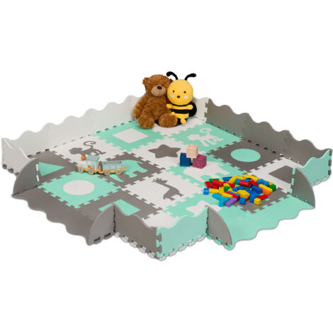 Relaxdays Puzzlematte 12-tlg. Mit Rand - Elefanten Design Baby Spielteppich
