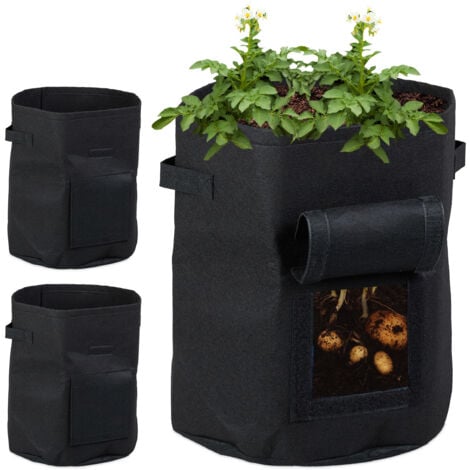 Relaxdays Pflanzsack 3er Set, Kartoffelsack mit Sichtfenster