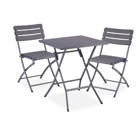 Relaxdays Balkonmöbel Set, 3-teilig, 1 Tisch & 2 Stühle, klappbar, Gartengarnitur Holzoptik, Stahl & Kunststoff, grau